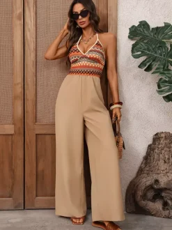 Jumpsuits Khaki Two-Tone V-Neck Sleeveless Strapless Wide Summer One Piece Outfit