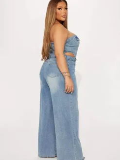 Jumpsuits Light Sky Blue Strapless Sleeveless Denim Loose Summer Playsuit