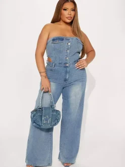 Jumpsuits Light Sky Blue Strapless Sleeveless Denim Loose Summer Playsuit