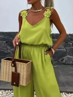 Jumpsuits Olive V-Neck Sleeveless Spaghetti Straps Polyester Straight Summer One Piece Outfit