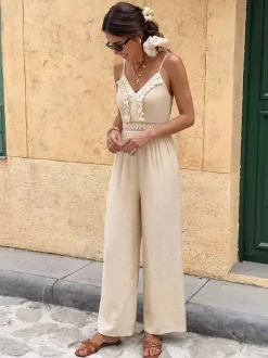 Jumpsuit Spaghetti Straps V Neck Fringe Crochet Lace Waist Elastic Back Wide Leg Casual Playsuit