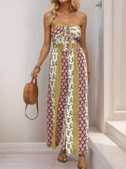 Jumpsuits Printed Strapless Sleeveless Lace Up Strapless Straight Summer One Piece Outfit