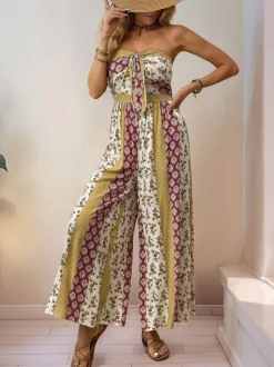 Jumpsuits Printed Strapless Sleeveless Lace Up Strapless Straight Summer One Piece Outfit