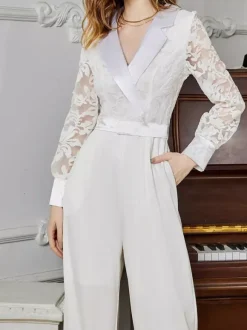 Jumpsuit White Long Sleeves Lace High Waist Wide Leg Pants Bridal Party Romper