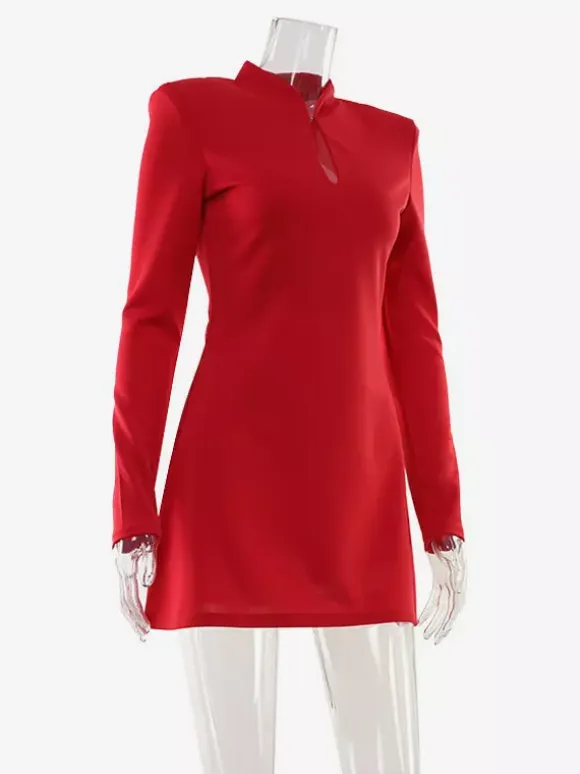 Keyhole Neck Mini Dress For Women - Red Elegant Padded Shoulder Long Sleeve Slim Fit Bodycon - Spring Date Night 2026