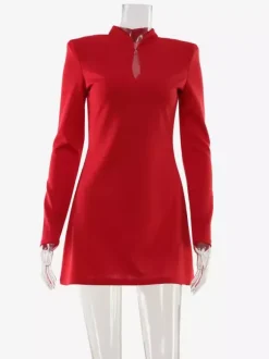 Keyhole Neck Mini Dress For Women - Red Elegant Padded Shoulder Long Sleeve Slim Fit Bodycon - Spring Date Night 2026