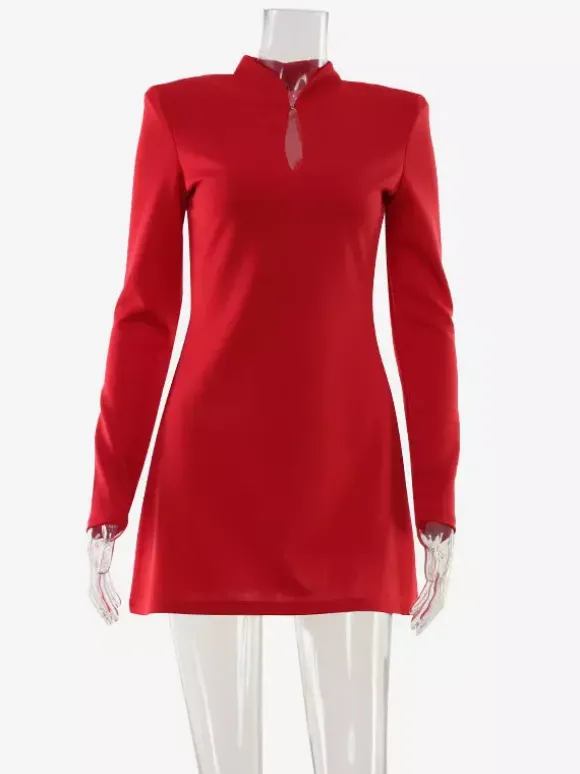 Keyhole Neck Mini Dress For Women - Red Elegant Padded Shoulder Long Sleeve Slim Fit Bodycon - Spring Date Night 2026