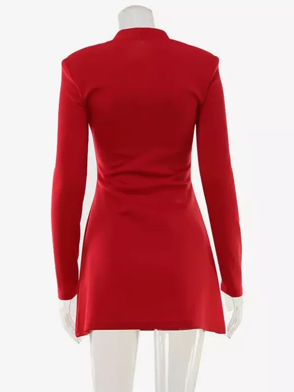 Keyhole Neck Mini Dress For Women - Red Elegant Padded Shoulder Long Sleeve Slim Fit Bodycon - Spring Date Night 2026