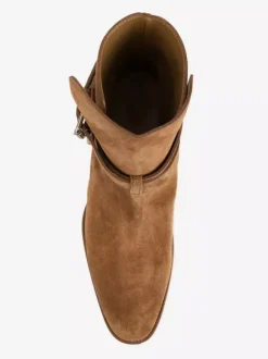 Khaki Ankle Boots Suede Leater Round Toe Buckle Detail Booties
