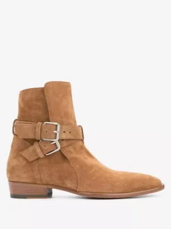 Khaki Ankle Boots Suede Leater Round Toe Buckle Detail Booties