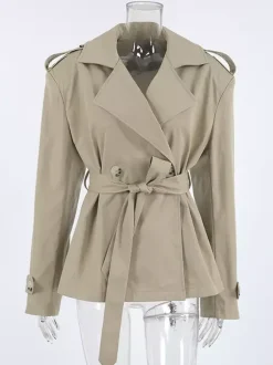 Khaki Belted Waist Women's Short Trench Coat - Chic Double Breasted Jacket - Old Money Spring Outfits 2026