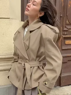 Khaki Belted Waist Women's Short Trench Coat - Chic Double Breasted Jacket - Old Money Spring Outfits 2026