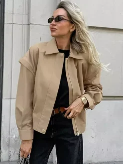 Khaki Lightweight Women's Bomber Jacket - Minimalist Collared Zip-Up Outerwear - Quiet Luxury Spring Casual Streetwear 2026