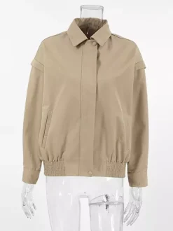 Khaki Lightweight Women's Bomber Jacket - Minimalist Collared Zip-Up Outerwear - Quiet Luxury Spring Casual Streetwear 2026