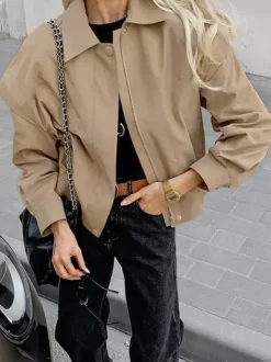 Khaki Lightweight Women's Bomber Jacket - Minimalist Collared Zip-Up Outerwear - Quiet Luxury Spring Casual Streetwear 2026
