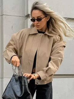 Khaki Lightweight Women's Bomber Jacket - Minimalist Collared Zip-Up Outerwear - Quiet Luxury Spring Casual Streetwear 2026