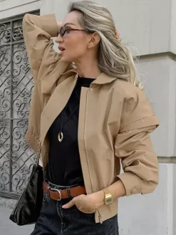 Khaki Lightweight Women's Bomber Jacket - Minimalist Collared Zip-Up Outerwear - Quiet Luxury Spring Casual Streetwear 2026
