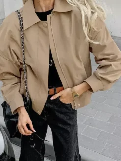 Khaki Lightweight Women's Bomber Jacket - Minimalist Collared Zip-Up Outerwear - Quiet Luxury Spring Casual Streetwear 2026