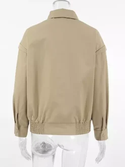 Khaki Lightweight Women's Bomber Jacket - Minimalist Collared Zip-Up Outerwear - Quiet Luxury Spring Casual Streetwear 2026