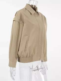 Khaki Lightweight Women's Bomber Jacket - Minimalist Collared Zip-Up Outerwear - Quiet Luxury Spring Casual Streetwear 2026