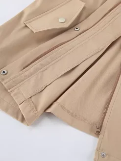 Khaki Stand Collar Women's Windbreaker Jacket - Chic Drawstring Waist Loose Fit - Utility Cargo Style Spring Streetwear 2026