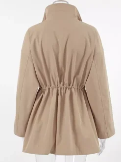 Khaki Stand Collar Women's Windbreaker Jacket - Chic Drawstring Waist Loose Fit - Utility Cargo Style Spring Streetwear 2026