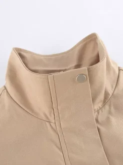 Khaki Stand Collar Women's Windbreaker Jacket - Chic Drawstring Waist Loose Fit - Utility Cargo Style Spring Streetwear 2026