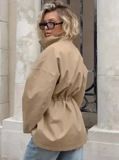 Khaki Stand Collar Women's Windbreaker Jacket - Chic Drawstring Waist Loose Fit - Utility Cargo Style Spring Streetwear 2026