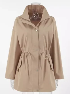 Khaki Stand Collar Women's Windbreaker Jacket - Chic Drawstring Waist Loose Fit - Utility Cargo Style Spring Streetwear 2026