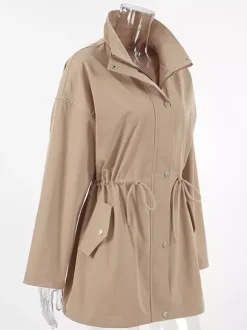 Khaki Stand Collar Women's Windbreaker Jacket - Chic Drawstring Waist Loose Fit - Utility Cargo Style Spring Streetwear 2026