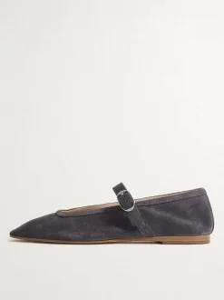 Khaki Suede Ballet Flats Square Toe Mary Jane Flat Shoes