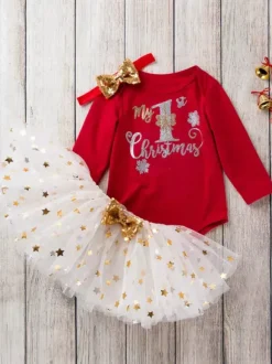 Kid Christmas Set Sequin Gilding Tutu Skirt With Cotton Top Christmas Pattern Holidays Costumes