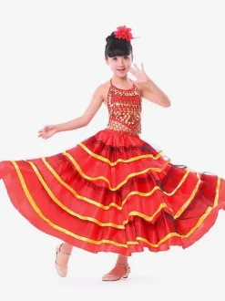Kids Belly Dance Costumes Red Layered Billowing Flamenco Dress Paso Doble Dress Spanish Skirt for Girls Carnival