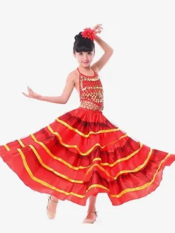 Kids Belly Dance Costumes Red Layered Billowing Flamenco Dress Paso Doble Dress Spanish Skirt for Girls Carnival