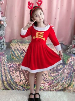 Kids Tunic Dress For Christmas Red Polyester Fiber Christmas Holidays Party Dress