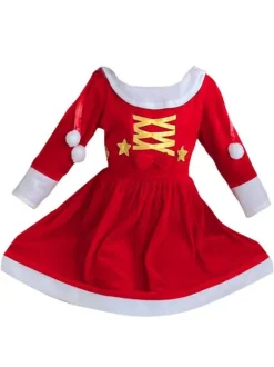 Kids Tunic Dress For Christmas Red Polyester Fiber Christmas Holidays Party Dress