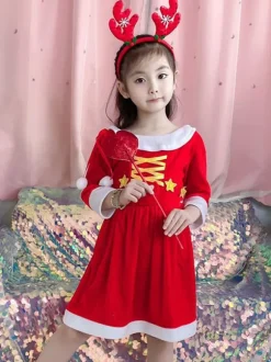 Kids Tunic Dress For Christmas Red Polyester Fiber Christmas Holidays Party Dress