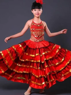 Kids Belly Dance Costumes Flamenco Dress Paso Doble Costumes Spanish Skirt for Girls Carnival