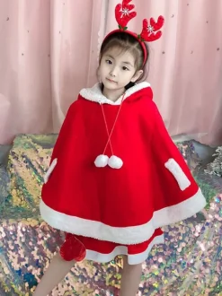 Kids Christmas Cape Red Polyester Fiber Cloak Color Block Christmas Holidays Capes