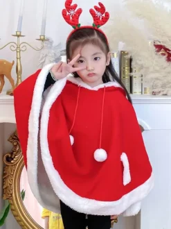 Kids Christmas Cape Red Polyester Fiber Cloak Color Block Christmas Holidays Capes