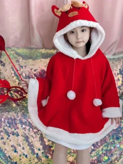 Kids Christmas Cape Red Polyester Fiber Cloak Color Block Christmas Holidays Capes