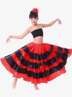 Kids Dance Costumes Black Layered Billowing Skirts Flamenco Dress Paso Doble Spanish Skirt for Girls Carnival