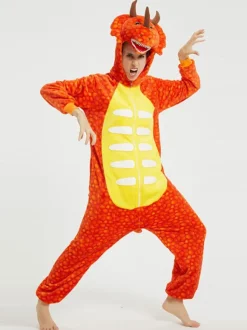 Kigurumi Onesie Pajamas For Adult Oragnge Red Polyester Kigurumi Dinosaur Costumes