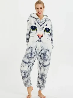 Kigurumi Pajamas Onesie For Adult Polyester Cat Pattern Grey Kigurumi Costumes