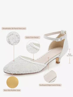 Kitten Heel Bridal Shoes Lace Applique Round Toe Ankle Strap Bridal Shoes