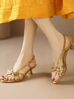 Kitten Heel Sandals Gold Open Toe Bow Strappy Sandal Shoes For Women