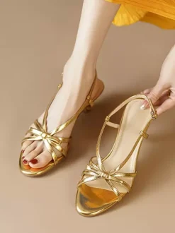 Kitten Heel Sandals Gold Open Toe Bow Strappy Sandal Shoes For Women