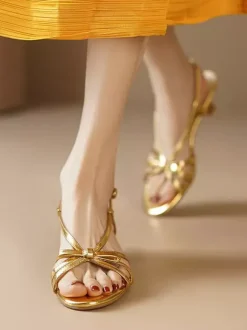 Kitten Heel Sandals Gold Open Toe Bow Strappy Sandal Shoes For Women