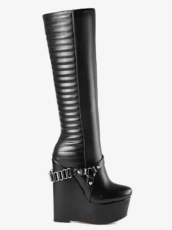 Knee High Boots Women's PU Black Chic Buckle Knee-High Boots Wedge Heel