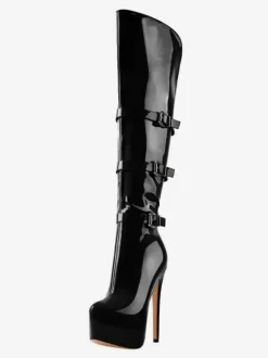Knee High Boots Women's PU Leather Knee-High Boots Buckle Stiletto Heel